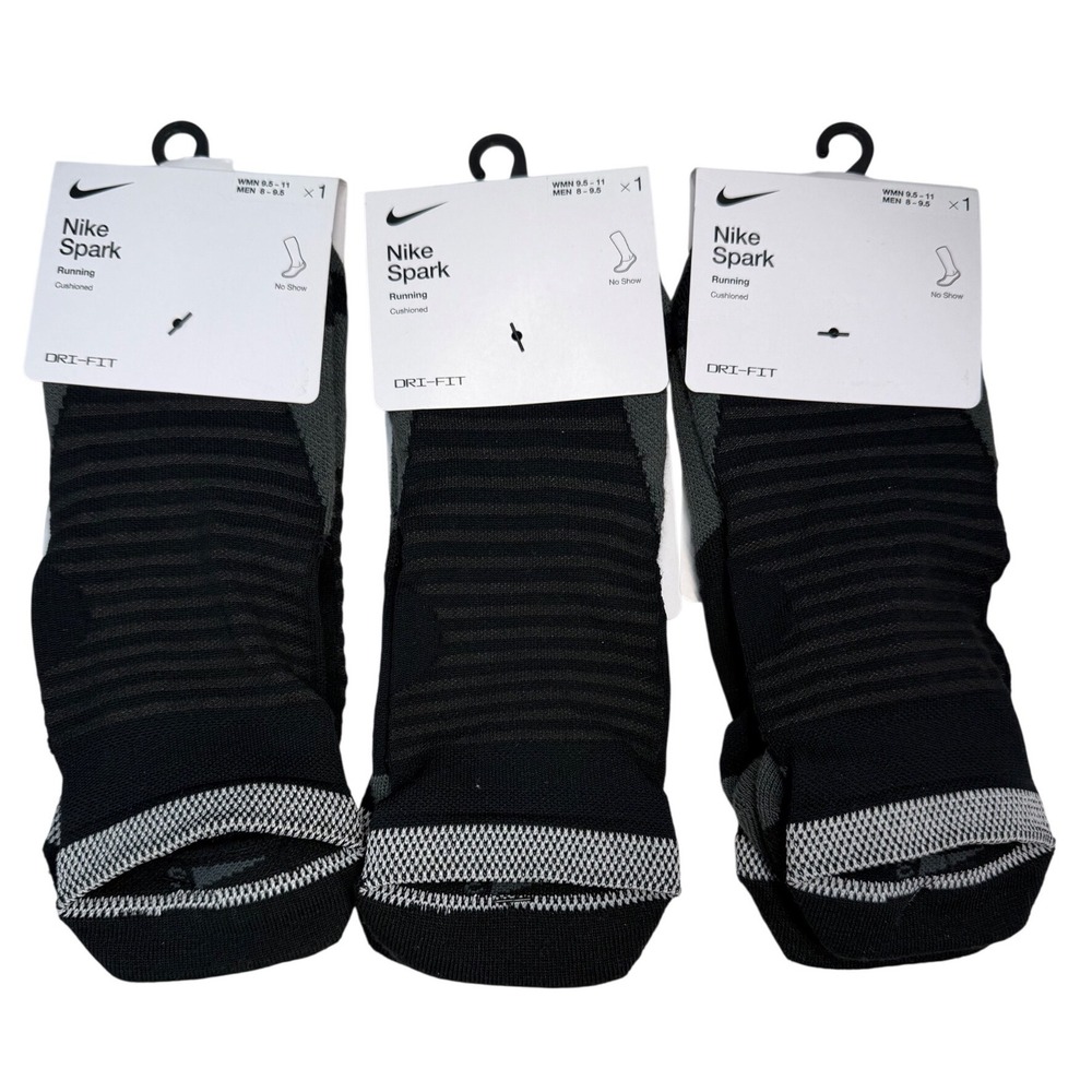 3 Pairs Nike Spark Cushioned No Show Running Socks Black M 8-9.5 W 9.5-11 NWT